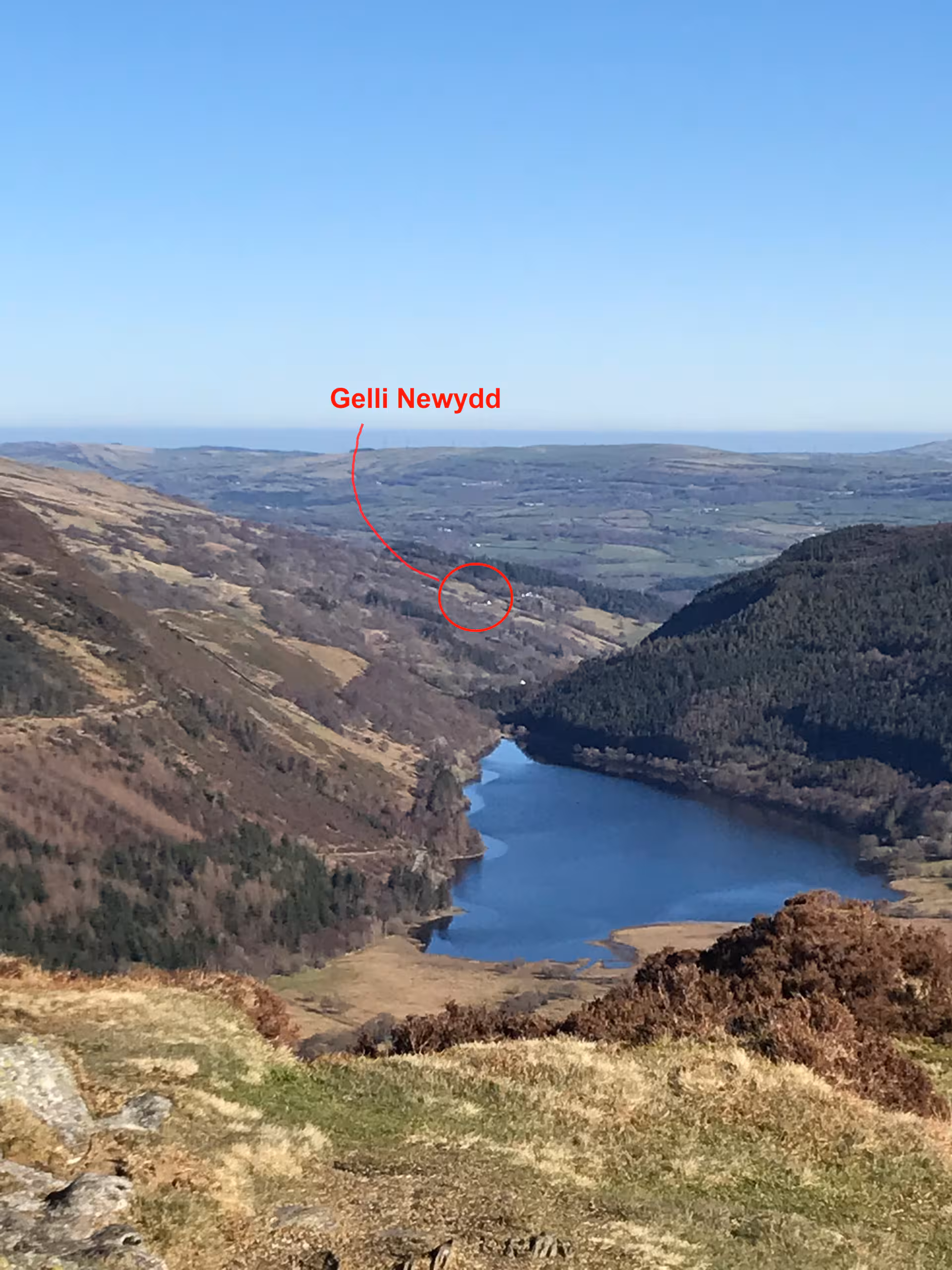 Gelli Newydd from Crimpiau ridge — the four cottages on the hillside, Conwy Valley behind